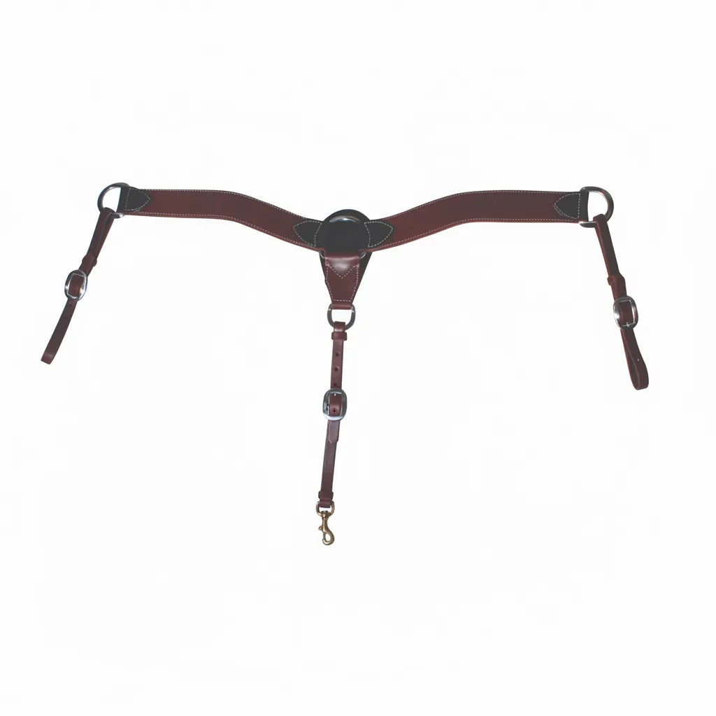 Professional's Choice Shrunken Bison Contoured 2" Western Breast Collar in a rich mahogany brown. This premium horse tack features durable 2-inch wide bison leather, white contrast stitching, and stainless steel hardware for a classic look. The contoured design ensures a superior fit, while the brass snap offers easy attachment. High-quality western riding gear perfect for performance horses, trail riding, or western shows.