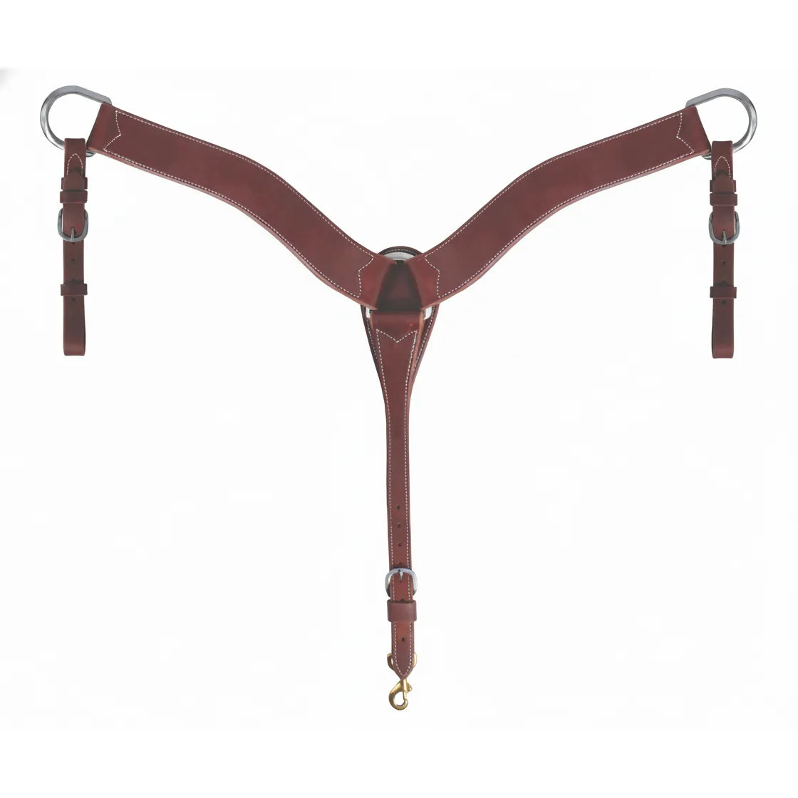 Professional's Choice Ranch Hand Hermann Oak Leather Roper Breast Collar featuring a rich mahogany finish with contrasting white stitching. This 2.5" wide Western breast collar includes heavy-duty stainless steel hardware, adjustable tug straps, and a snap-end center strap for a secure fit. Durable, high-quality horse tack designed for ranch work, roping, and trail riding, offering a classic look and professional-grade performance for any horse size.