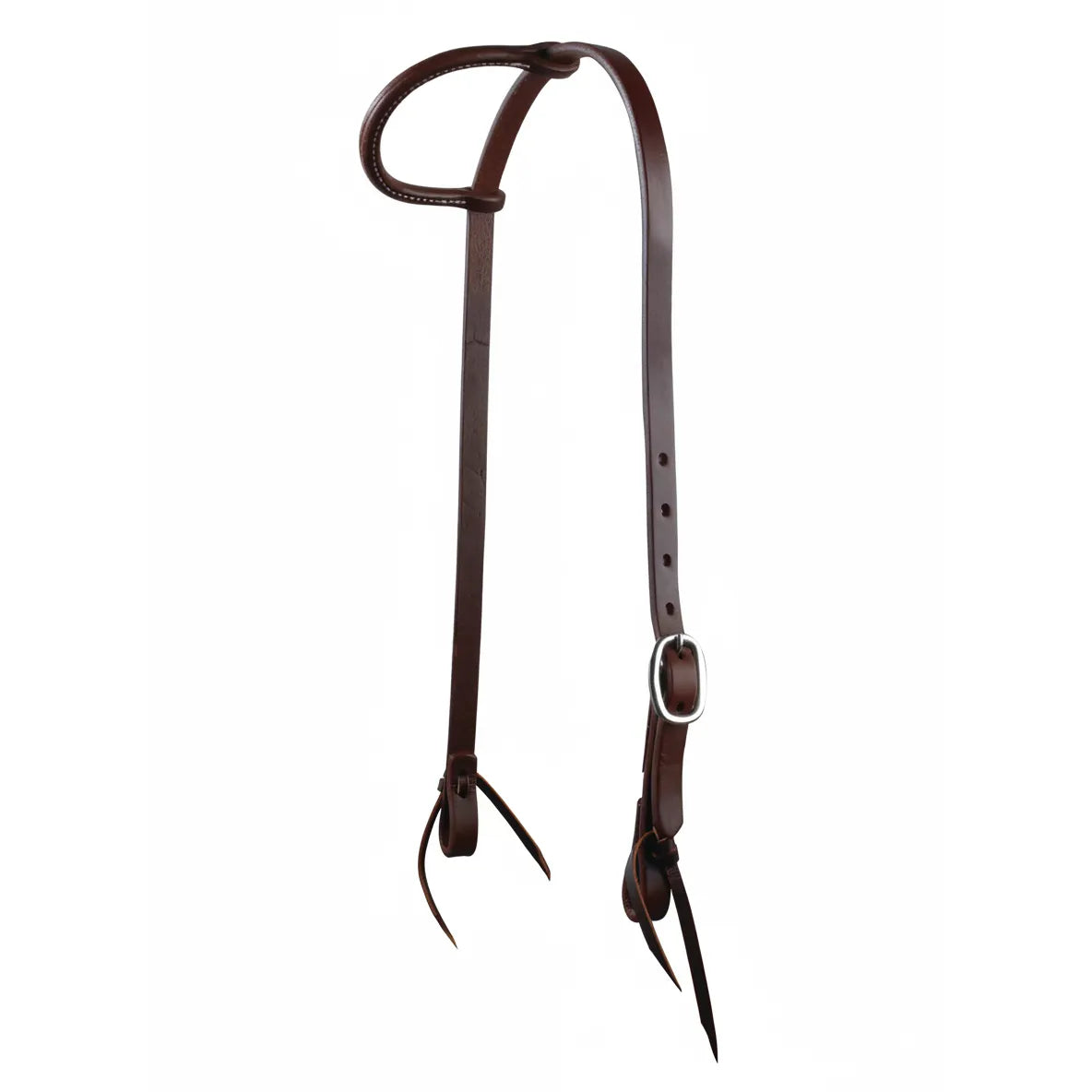 Professional's Choice Ranch One-Ear Headstall crafted from premium 5/8" heavy oil harness leather. This durable Western horse headstall features a traditional sliding ear loop, a sleek stainless steel buckle for easy sizing, and classic leather tie bit ends. Ideal for ranching, performance, or trail riding, this high-quality tack offers a professional, rugged look for any horse.