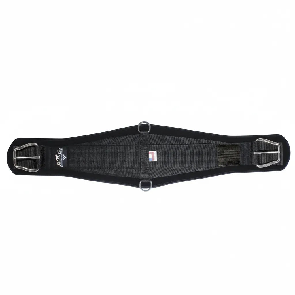 Black Professional's Choice SMX VenTECH Performance Cinch featuring a breathable, non-slip neoprene liner and heavy-duty nylon webbing. Equipped with premium stainless steel roller buckles for easy cinching and dual center D-rings for auxiliary attachments. This high-performance Western horse cinch showcases the Professional’s Choice logo and an American flag tag, designed to ensure maximum comfort and saddle stability for any equestrian discipline.
