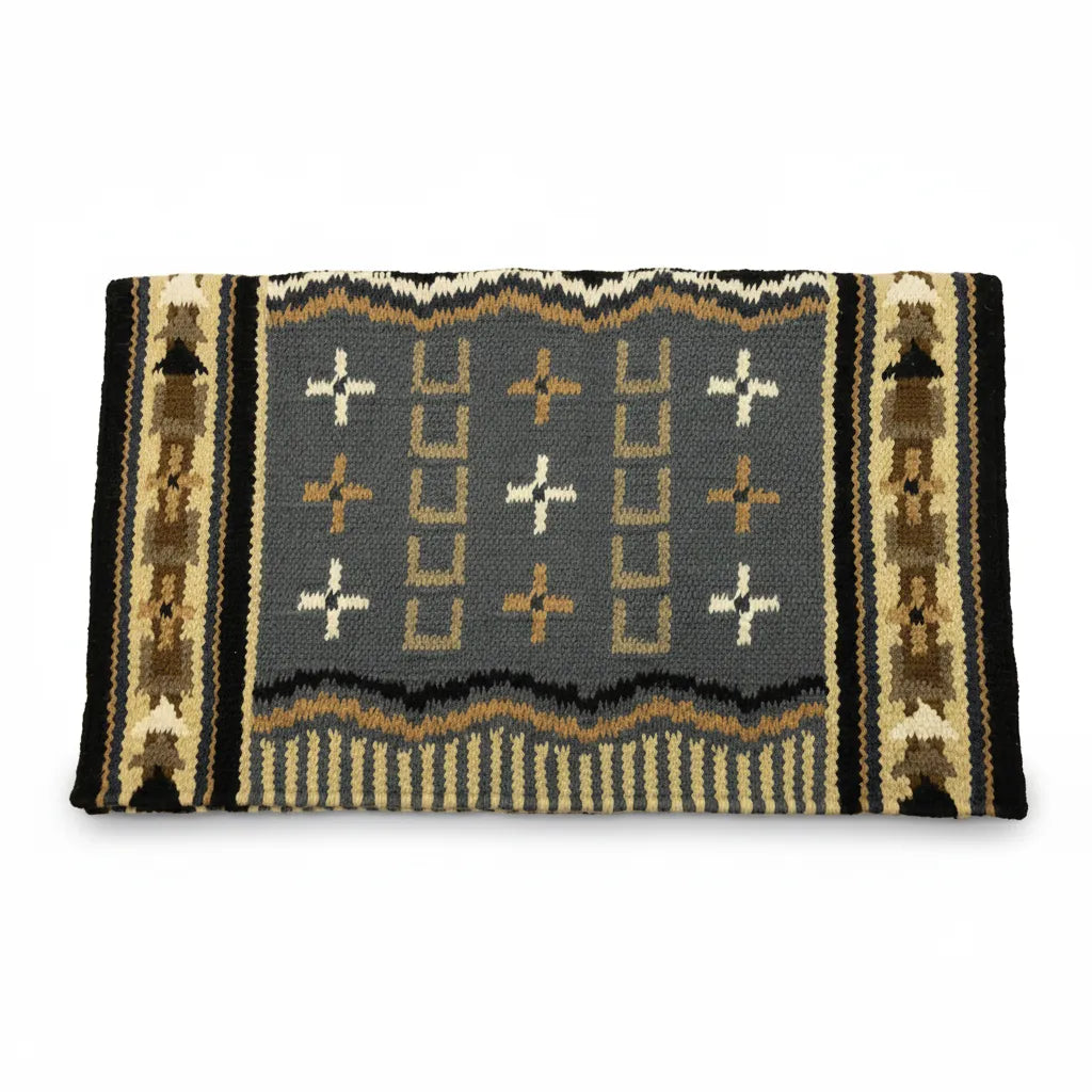 Professional's Choice Western Show Saddle Blanket in 100% New Zealand wool. This oversized pad features a slate grey center with cream and tan geometric crosses and square motifs. Framed by intricate zigzag borders, vertical side panels, and a striped bottom edge in earth tones, this durable horse tack is designed for professional performance and style in the show ring. High-quality equestrian gear for western riding.