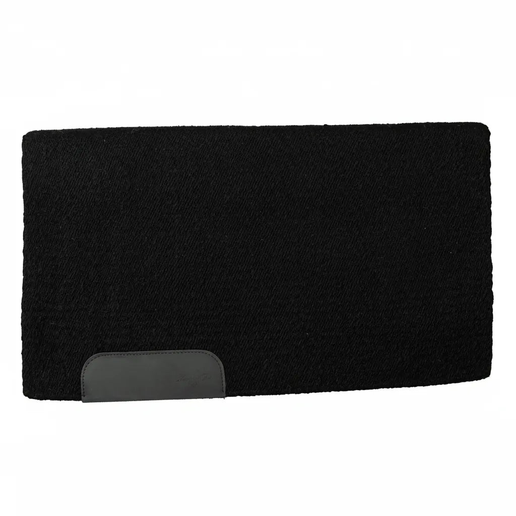Professional's Choice 100% New Zealand Wool Western Show Blanket in solid black. Measuring 33" x 38", this high-quality saddle pad features a tight wool weave and a protective dark leather wear patch for durability. A sleek and professional choice for western horse shows, offering comfort and classic style for your equestrian tack collection.