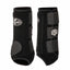 Professional's Choice Strike Front Sports Medicine Horse Boots in black, featuring Brrr cooling technology and a reinforced TPU impact protection plate. These durable equestrian boots have three secure hook-and-loop straps for a custom fit and superior support. Ideal for protecting a horse's lower legs from strikes and impact during high-performance training or competition.
