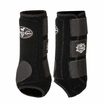 Professional's Choice Strike Front Sports Medicine Horse Boots in black, featuring Brrr cooling technology and a reinforced TPU impact protection plate. These durable equestrian boots have three secure hook-and-loop straps for a custom fit and superior support. Ideal for protecting a horse's lower legs from strikes and impact during high-performance training or competition.