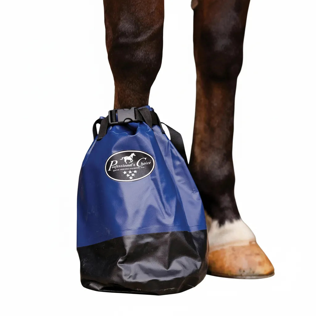 Professional's Choice Short 14" Soaking Boot in blue and black, securely buckled on a horse’s leg for therapeutic hoof care. This durable, heavy-duty soaking boot is designed for icing inflamed hooves and providing relief from abscesses, thrush, or laminitis. Featuring a reinforced base and adjustable top strap, it’s an essential equine health tool for effective horse hoof treatment and soaking.