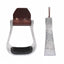 Martin Saddlery aluminum western stirrups featuring intricate floral hand-engraved detailing on the sides. These professional-grade stirrups include a shock-absorbing black rubber tread for enhanced grip and comfort, paired with a durable dark brown leather neck. Elegant and high-performance horse tack, perfect for western riding, barrel racing, or show saddles.
