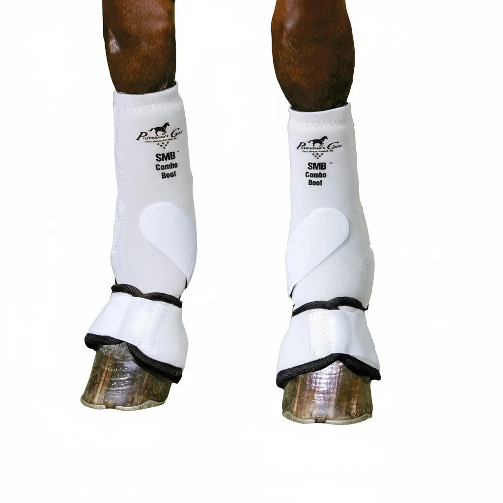 Professional's Choice Sports Medicine & Bell Boot Combo in white, providing 360° equine leg protection. This medium-sized SMB and bell boot set offers comprehensive support for the horse's lower legs and hooves, shielding against impact and overreaching. Featuring a high-quality neoprene build and secure straps, these boots are essential gear for performance horses in dressage, jumping, and western disciplines. Optimized for durability and comfort.