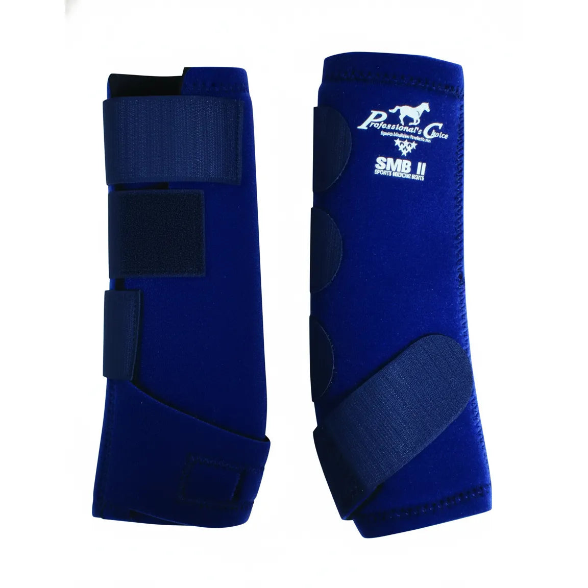 Professional's Choice SMBII Sports Medicine Boots in Navy Blue, featuring a pair of durable neoprene horse boots with multiple Velcro closures. These protective equine wraps provide superior fetlock support and impact protection with three wrap-around straps and a supportive bottom suspensory strap. Ideal for training, barrel racing, or everyday riding, these high-quality boots showcase the iconic SMB II logo and a sleek design for essential leg protection.