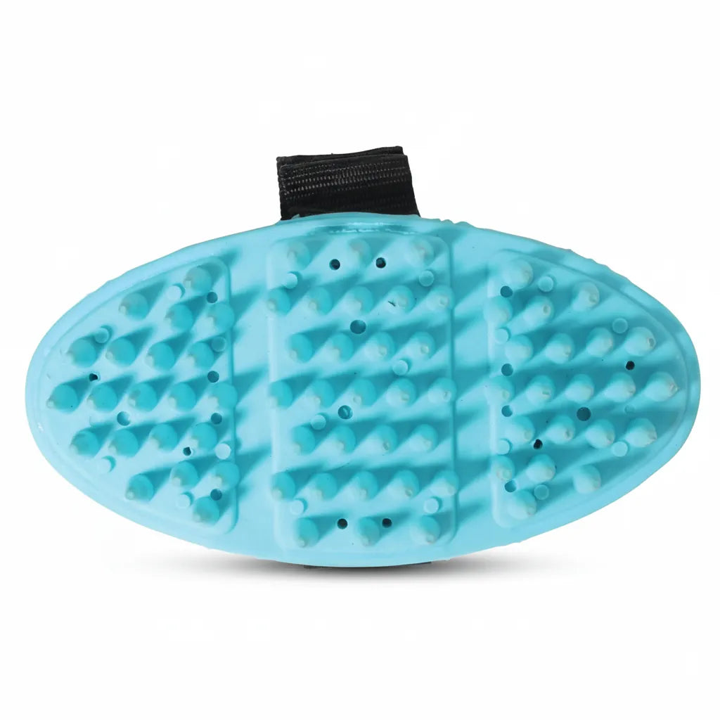 Professional's Choice Tail Tamer Soft Touch Flex Massager in turquoise. This flexible rubber horse grooming tool features rounded massaging nubs designed to provide a soothing, therapeutic massage while removing loose hair and dirt. The ergonomic, oval-shaped design includes a black adjustable strap for a secure grip, making it a versatile and comfortable addition to any equestrian's grooming kit for daily maintenance or spa-like relaxation.