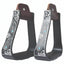 Professional's Choice Turquoise Feather Engraved Aluminum Western Stirrups. This pair features a matte black finish with intricate silver-engraved feathers and scrolls accented by small turquoise stones. These stylish western stirrups include dark brown leather necks with silver rivets and a 5 3/8" wide ribbed footrest. Perfect for barrel racing or show performance, these 3" neck aluminum stirrups combine durability with a unique, bold equestrian look.