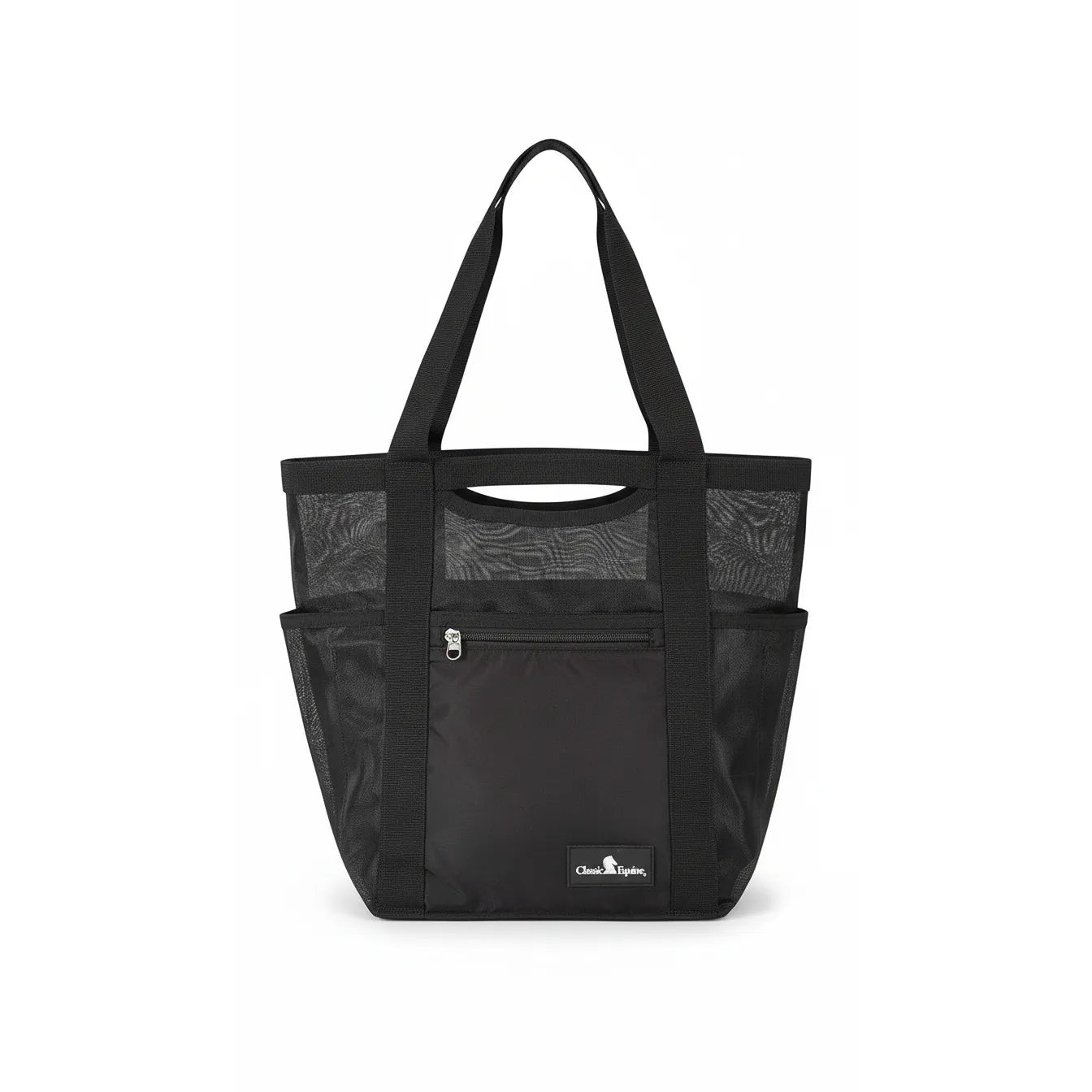 Classic Equine Arena Ready Gear Bag in black, a durable 18.5" x 14" x 7" ventilated mesh boot tote and ringside tack organizer. This equestrian gear bag features six convenient pockets, including a front zippered compartment and breathable mesh panels perfect for damp boots or grooming tools. Its sturdy shoulder straps and sleek design make it a must-have for horse shows and stable organization. Ideal for riders looking for a functional and stylish equipment tote.