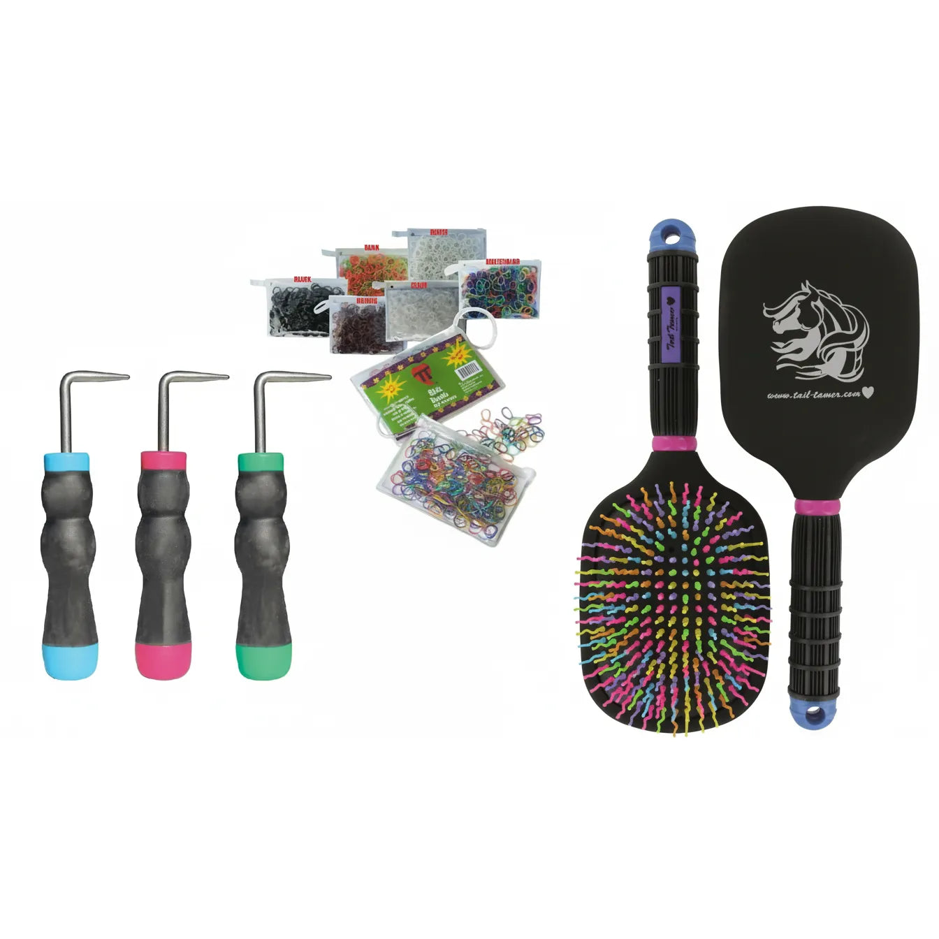 Professional's Choice Grooming Kit featuring three ergonomic hoof picks with blue, pink, and green accents, a black paddle brush with vibrant rainbow wavy bristles and horse logo, and assorted packs of Slick Bands rubber bands for braiding. Perfect horse grooming tools for mane, tail, and hoof care. These colorful, high-quality equestrian supplies are essential for daily grooming or show prep and make a great gift for horse owners.