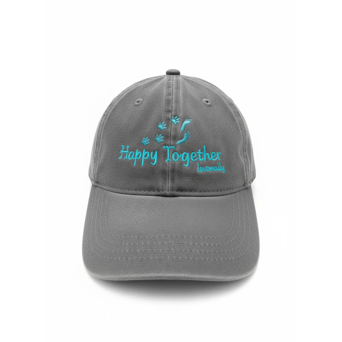 Charcoal gray washed cotton baseball hat featuring vibrant cyan embroidery. The front displays "Happy Together" text alongside small baby footprints and dog paw prints, with "LoveWally" branding below. This stylish, adjustable unstructured dad cap is an ideal gift for pet lovers and new parents. The vintage-style 6-panel design with a curved brim offers a comfortable, casual look for daily wear.