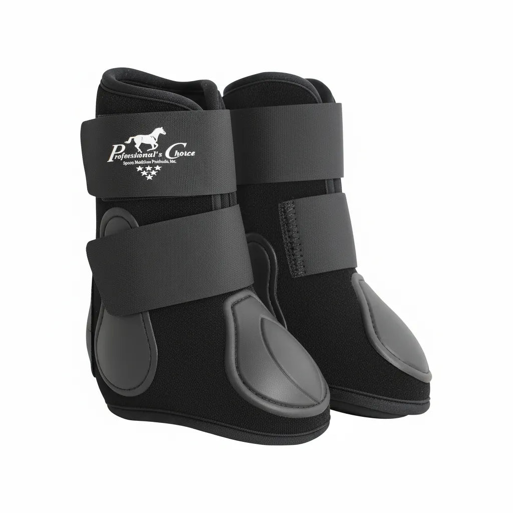 Professional's Choice VenTECH Splint Boots in black, designed for high-performance horse leg protection. These breathable neoprene boots feature a ventilated design to keep legs cool and dry. Each boot includes two secure hook-and-loop straps and a durable, contoured grey strike pad for impact protection. Ideal for schooling, training, or competition, these boots provide superior support and safety for your horse's legs.
