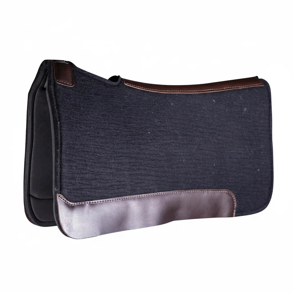 Professional's Choice black Felt/Rubber Western Work Saddle Pad featuring a 5/8" thickness and 31" x 32" dimensions. This durable horse pad includes dark brown leather wear leathers along the contoured spine and bottom edges for added protection and longevity. Ideal for ranch work, training, and daily western riding.