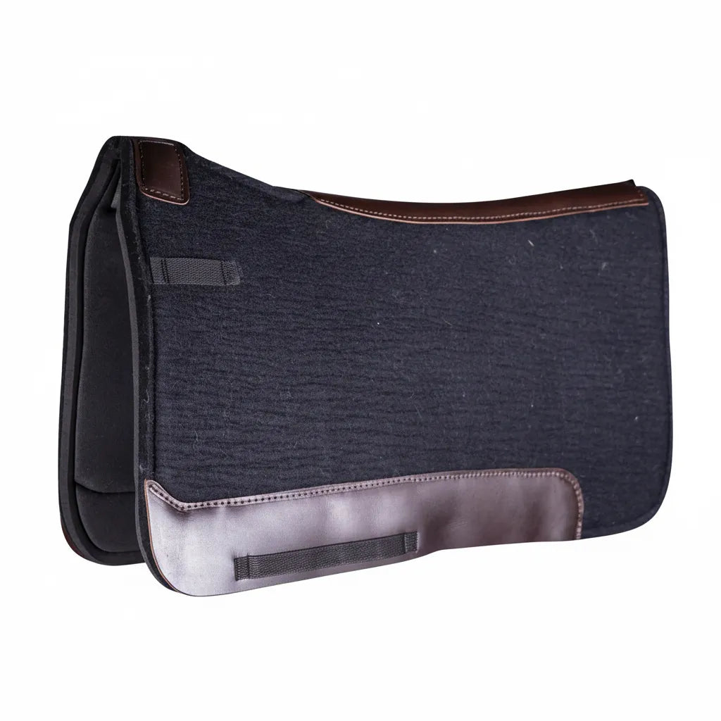 Professional’s Choice 1" Felt & Rubber Western Work Saddle Pad in black, 31" x 32". This high-performance western horse pad features a thick felt exterior with shock-absorbing rubber for maximum pressure relief. Designed with a contoured spine and durable dark brown leather wear leathers, it's perfect for heavy ranch work, training, or everyday riding. A professional-grade equestrian accessory ensuring comfort and saddle stability for your horse.