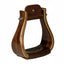 Professional’s Choice Wood Western Horse Stirrups featuring a 3-inch leather-padded tread and dark gloss laminated hardwood. These high-performance stirrups showcase a rich wood grain with light-colored layered accents and a classic bell shape. A durable leather neck with copper rivets and silver-toned hardware makes them a stylish and functional addition to any western saddle and equestrian gear collection.
