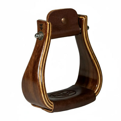 Professional’s Choice Wood Western Horse Stirrups featuring a 3-inch leather-padded tread and dark gloss laminated hardwood. These high-performance stirrups showcase a rich wood grain with light-colored layered accents and a classic bell shape. A durable leather neck with copper rivets and silver-toned hardware makes them a stylish and functional addition to any western saddle and equestrian gear collection.