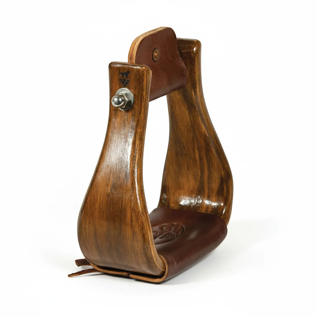 Professional's Choice Wood Stirrups with a 3-inch tread and sleek medium gloss finish. These premium western stirrups feature high-quality wood construction and durable laced leather treads for enhanced grip and rider comfort. Designed with heavy-duty metal hardware and a rich brown aesthetic, they are a stylish addition to any western saddle for trail riding or performance.