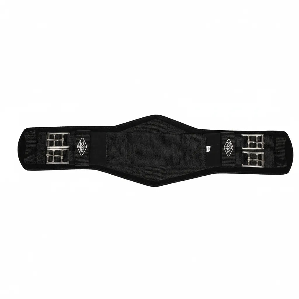 Professional's Choice 2XCOOL Dressage Girth in black, featuring an anatomical V-shaped design for maximum horse comfort. This high-performance equestrian cinch includes a specialized brrr° cooling liner to regulate temperature and a non-slip silicone grip for stability. Equipped with durable stainless steel roller buckles on both ends, it's the ideal choice for riders seeking breathable, professional-grade horse tack for dressage training and competition.