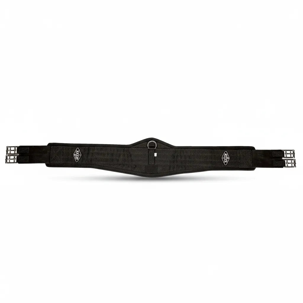 Professional's Choice 2XCOOL English Girth in black, featuring a contoured V-shaped design for maximum horse comfort and freedom of movement. This high-performance equestrian girth includes a cooling mineral liner, non-slip silicone grip, and stainless steel roller buckles on both ends. The breathable fabric and center D-ring make it a versatile choice for dressage, jumping, or everyday riding. High-quality horse tack designed for moisture management and a secure fit.