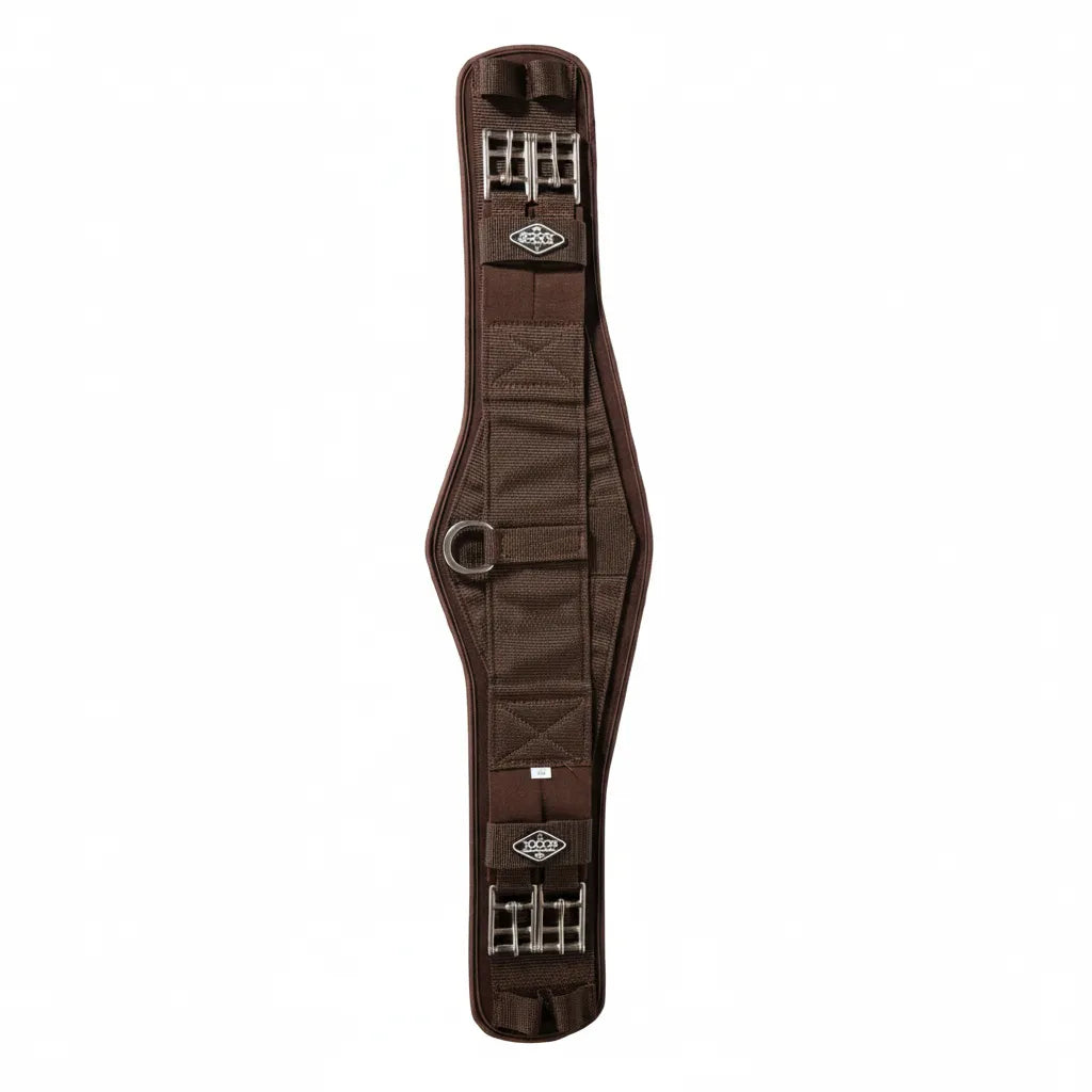 Professional's Choice 2XCool Monoflap Girth in chocolate brown, featuring an anatomical contoured design for horse comfort. This high-performance horse girth includes triple chill cooling fabric, a non-slip silicone grip liner, and stainless steel roller buckles. The centered D-ring allows for easy attachment of breastplates or training aids. Ideal for monoflap saddles, providing breathable, sweat-wicking support during rides.