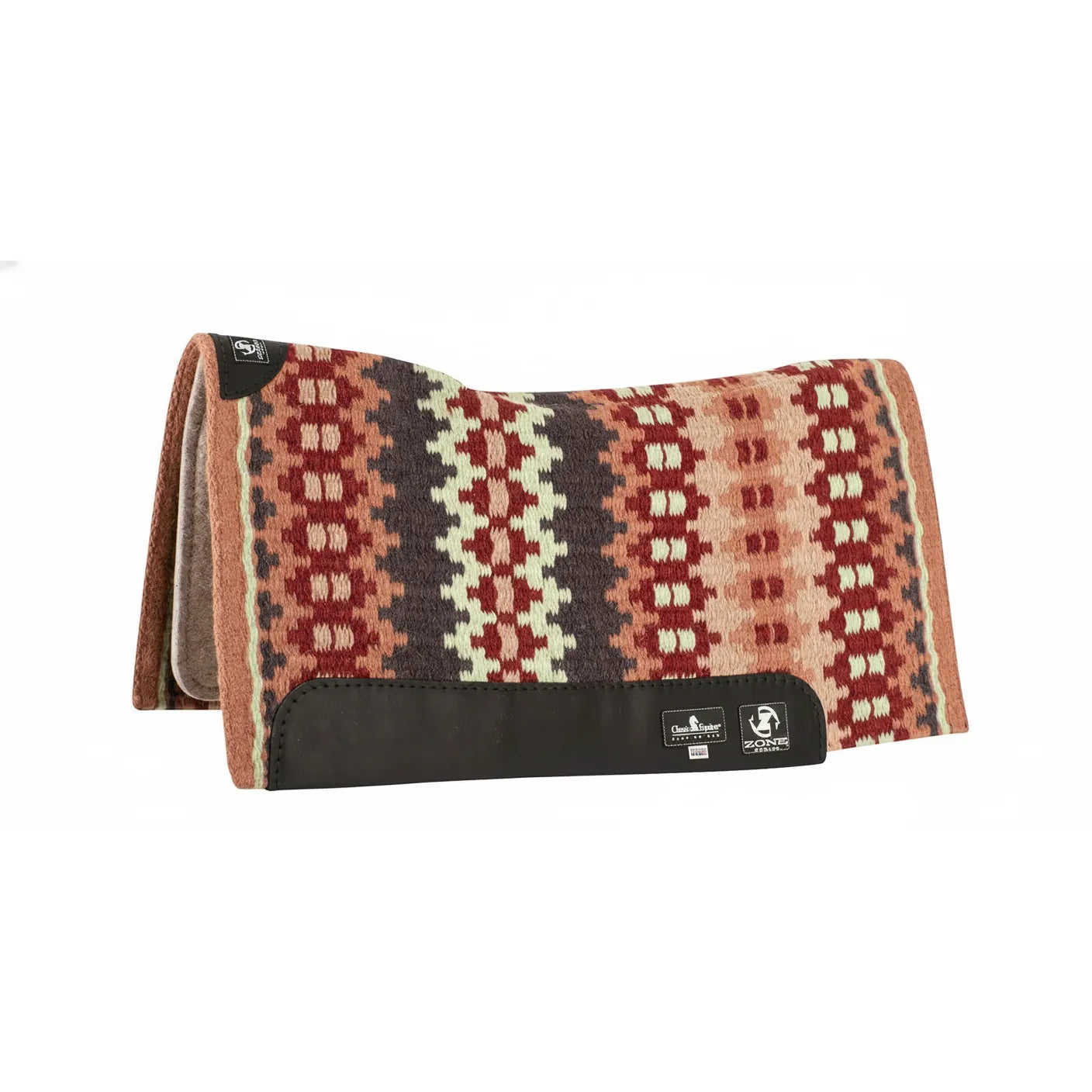 Classic Equine Zone Series Wool Blanket Top Western Saddle Pad featuring a vibrant Southwestern geometric pattern in rust, chocolate brown, and tan. Engineered with Zoombang Technology and orthopedic felt for ultimate shock absorption and horse comfort. This high-performance pad includes durable black leather wear leathers and a contoured fit. Perfect for western performance, ranch work, or trail riding, combining professional-grade protection with classic equestrian style.
