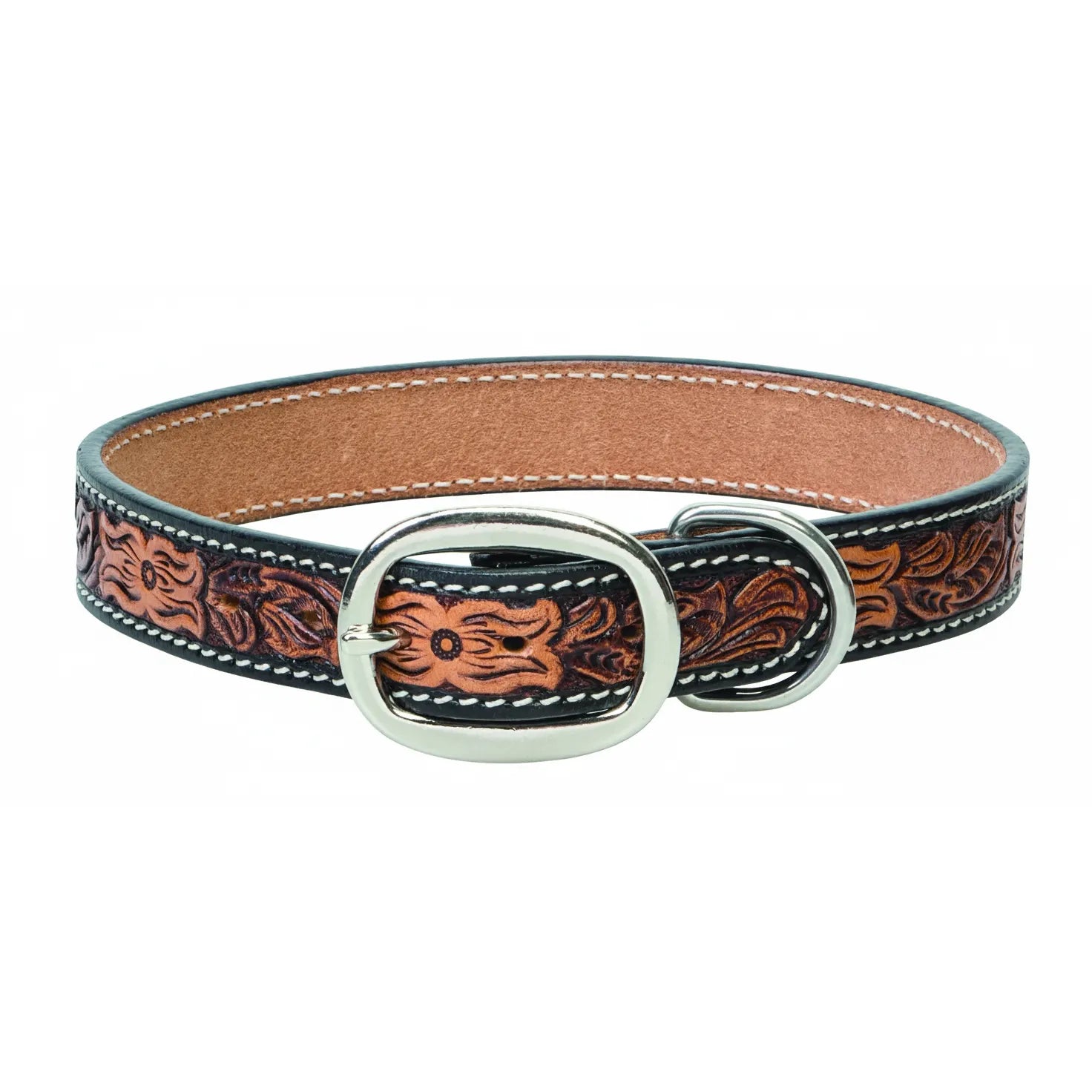Weaver Leather floral tooled dog collar crafted from premium light oiled antiqued leather. This western-style pet collar features intricate hand-tooled floral patterns highlighted by dark accents and contrast white stitching. A soft tan lining provides comfort, while the polished stainless steel buckle and D-ring ensure lasting durability. A stylish and artisanal accessory choice for any dog.