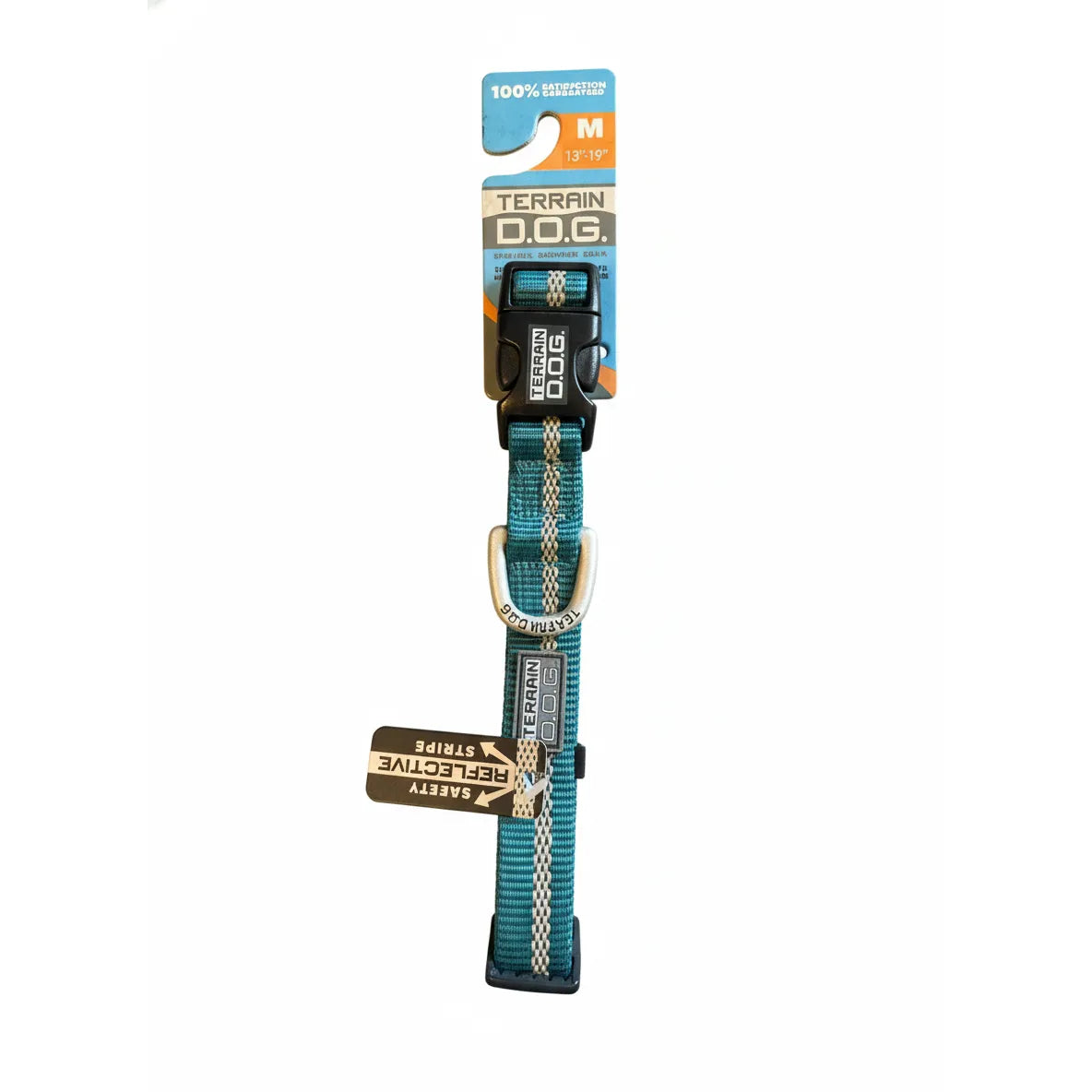 Weaver Leather Terrain D.O.G. Reflective Snap-n-Go Dog Collar in Blue Bay teal with a dark gray reflective safety stripe. This medium dog collar fits necks 13" to 19" and features a durable plastic side-release buckle and a sturdy metal D-ring. Designed for rugged outdoor use and high visibility, it's an essential safety accessory for active dogs and nighttime walks.