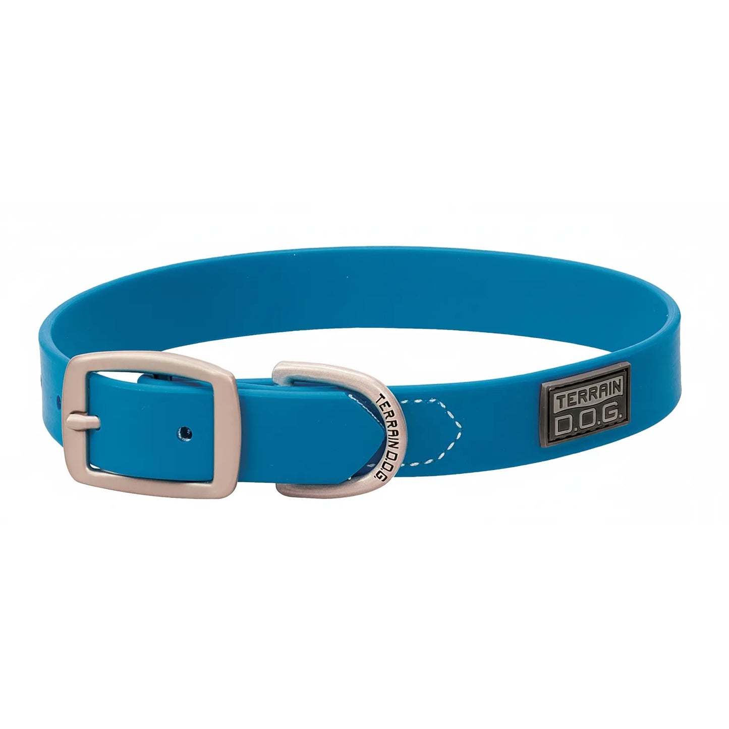 Durable Weaver Leather Terrain D.O.G. Brahma Webb Dog Collar in vibrant turquoise blue. This high-performance, weather-resistant, and quick-drying dog collar features premium silver hardware and a sturdy D-ring for leash attachment. Perfect for active pets and outdoor adventures, this waterproof gear is easy to clean and odor-resistant, providing a stylish and functional accessory for your dog.