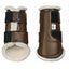 Toklat Valena Horse Boots in metallic brown with plush white WoolBack fleece lining. These durable marine vinyl brushing boots offer superior leg protection and shock absorption. Featuring wide hook-and-loop Velcro straps for a secure, adjustable fit, these stylish equestrian boots are perfect for dressage, jumping, or everyday training. A high-quality choice for horse owners seeking professional performance and classic style in their riding gear.