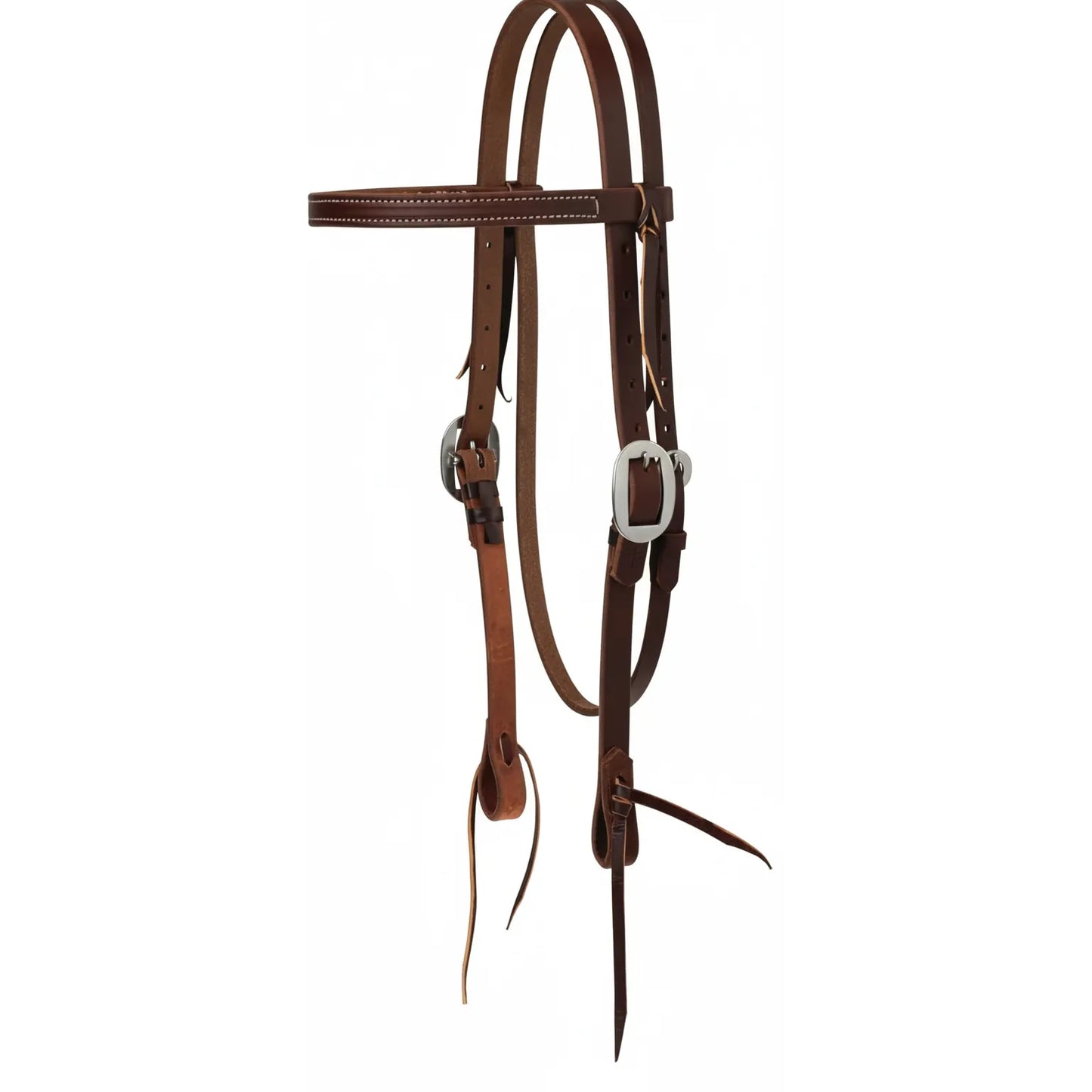 Weaver Leather Canyon Rose browband headstall in rich, pre-oiled harness leather. This premium Western horse headstall features a double-stitched browband, durable stainless steel hardware, and tie-bit ends for easy bit changes. The deep brown finish and classic design make it essential horse tack for trail riding or training. High-quality, durable, and handcrafted for a professional look, this headstall is a must-have for any Western saddle and tack collection.