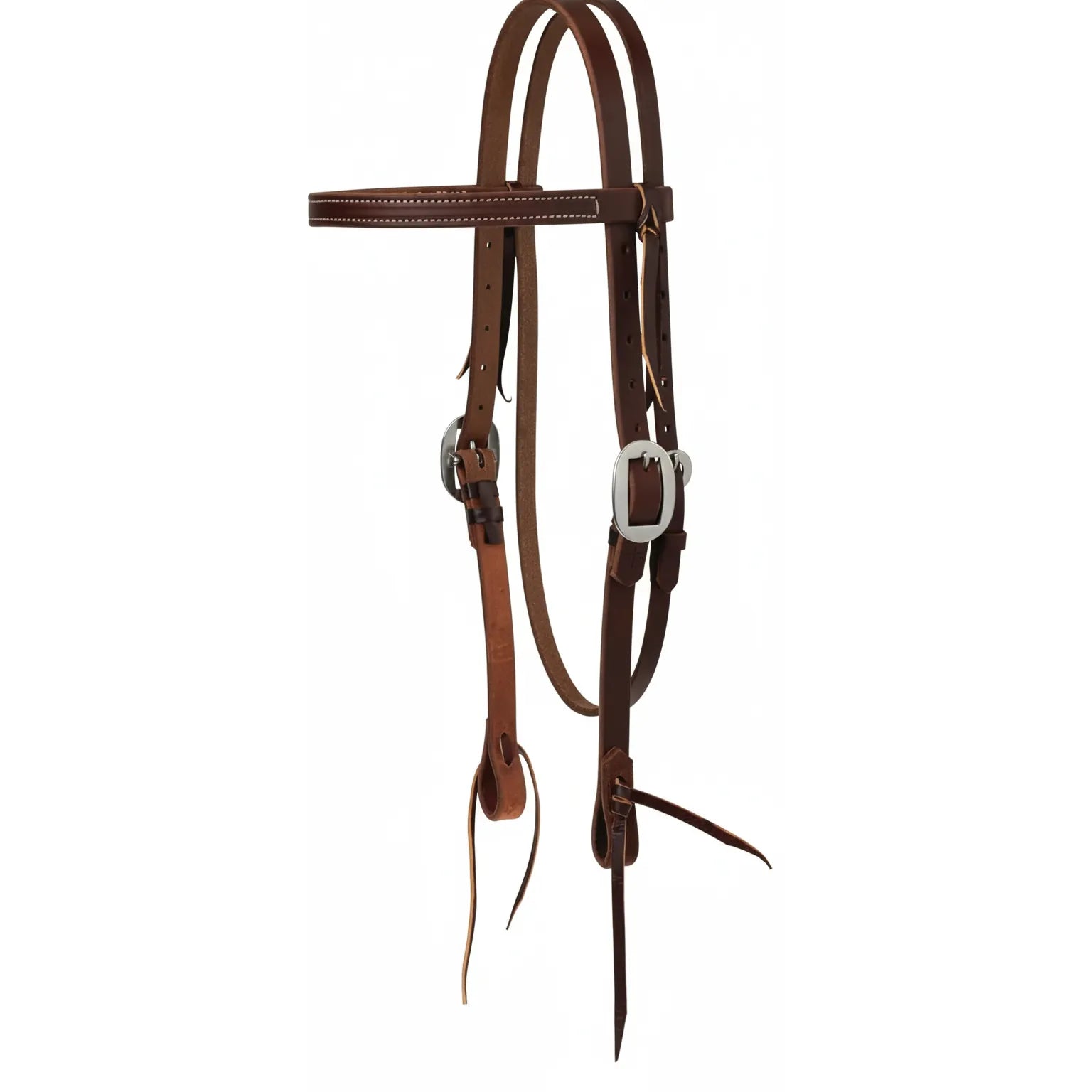 Weaver Leather Canyon Rose browband headstall in rich, pre-oiled harness leather. This premium Western horse headstall features a double-stitched browband, durable stainless steel hardware, and tie-bit ends for easy bit changes. The deep brown finish and classic design make it essential horse tack for trail riding or training. High-quality, durable, and handcrafted for a professional look, this headstall is a must-have for any Western saddle and tack collection.