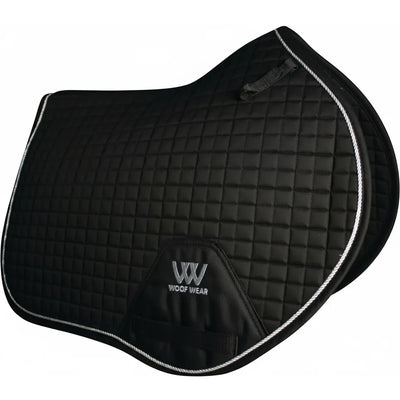 Black Toklat Woof Wear Close Contact English Saddle Pad with small square quilting and silver braided piping. Designed for equestrian performance, this full-size pad features a high wither profile, a 23-inch spine, and a reinforced girth patch with the Woof Wear logo. A stylish and functional choice for English riding and jumping.