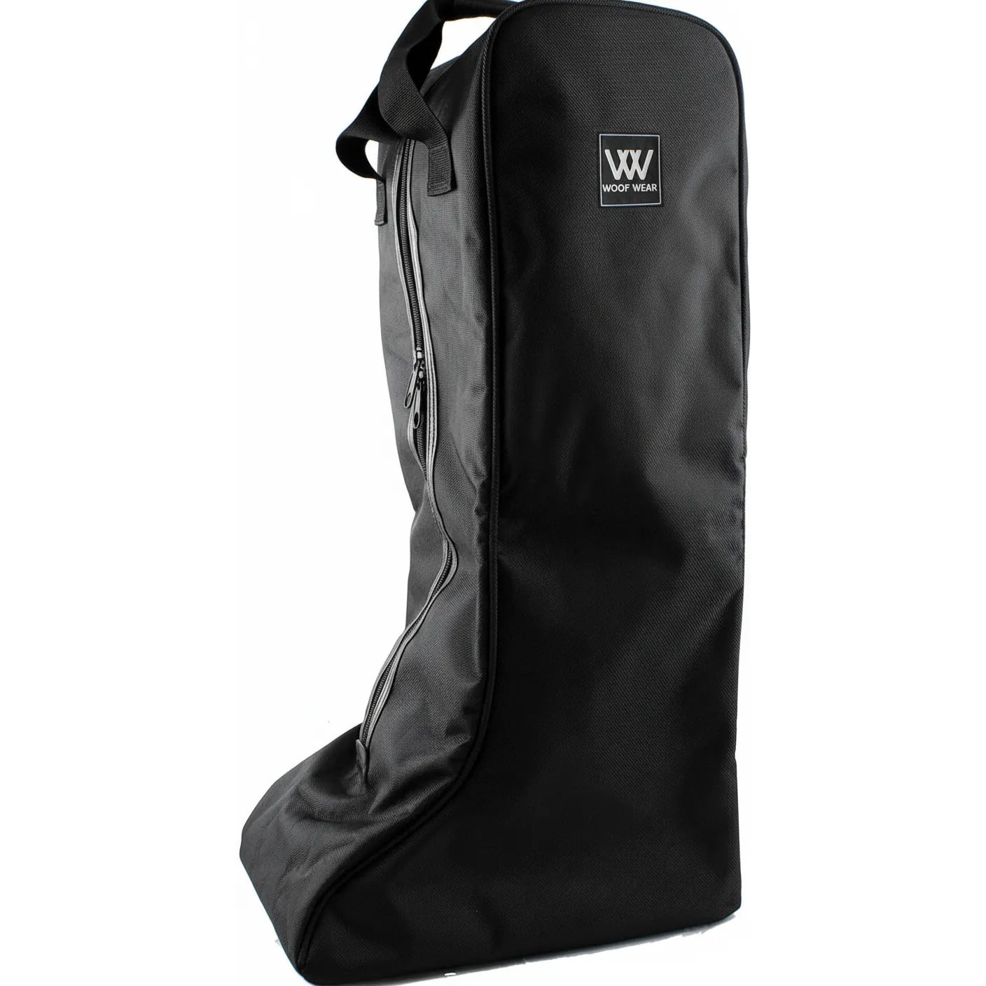 Toklat Woof Wear Tall Riding Boot Bag in sleek black. A durable 600D water-resistant travel bag featuring a heavy-duty side zipper, top carry handle, and a spacious L-shaped design to fit riding boots up to size 14. This 30L-40L equestrian gear backpack protects show boots from dust and scuffs during travel. Perfect for horse riders seeking a professional and functional storage solution for English tall boots or field boots.