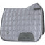 Toklat Vision Dressage Saddle Pad in a sophisticated steel grey satin finish. This full-size equestrian pad features a unique geometric quilted pattern, breathable mesh wicking liner, and reinforced girth protection area. Designed with a contoured spine and D-ring straps for a secure fit, it combines performance and luxury. Perfect for dressage training or shows, this pad adds a touch of elegance to any horse's tack set.