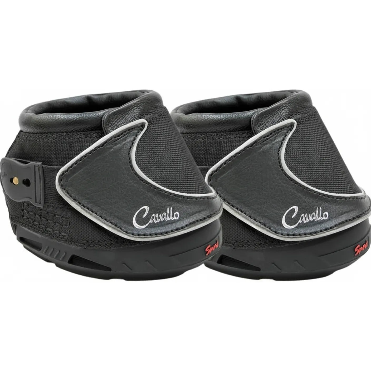 Pair of black Toklat Sport Hoof Boots featuring durable 1000D nylon and leather-like trim. These lightweight, all-terrain horse boots showcase a white Cavallo script logo, red Sport branding on rugged rubber soles, and secure side buckle closures. Ideal for protective hoof care and trail riding, these high-performance boots combine a sleek design with maximum durability for any terrain.
