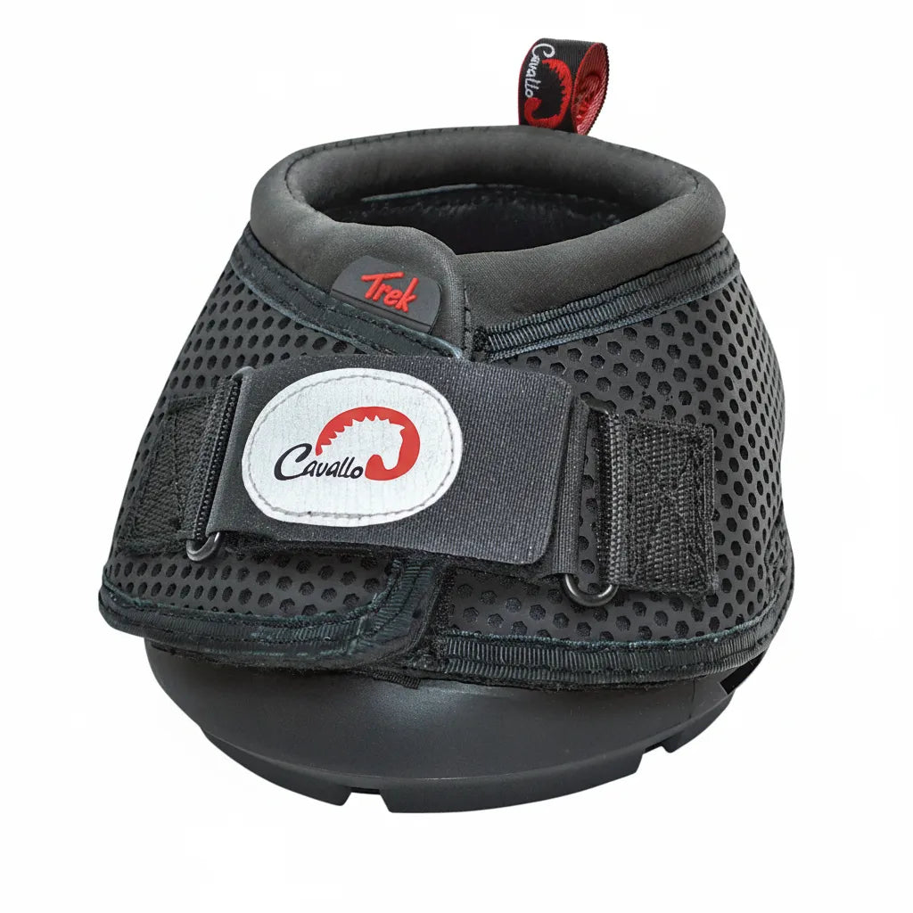 Toklat Cavallo Trek Regular Hoof Boot for horses, featuring a black breathable honeycomb Pro Mesh upper and a durable all-terrain round sole. This lightweight hoof boot includes a secure, adjustable hook-and-loop strap with the white Cavallo logo, a soft padded collar for comfort, and a red "Trek" accent. Designed for trail riding and hoof protection, this versatile boot offers a sleek, professional look for any equestrian adventure.