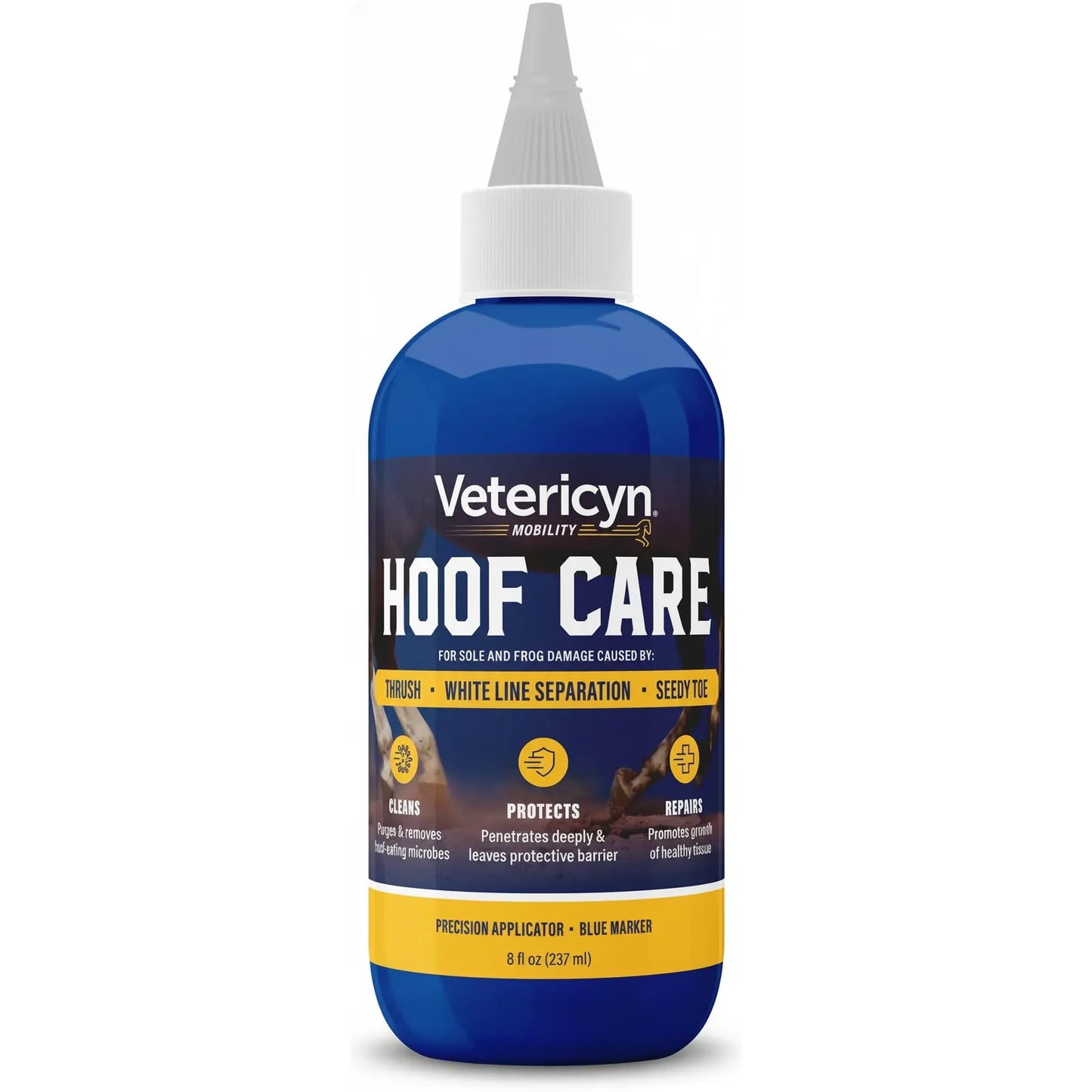 Vetericyn Mobility Hoof Care in an 8 oz blue bottle with a precision applicator tip. This equine hoof treatment targets thrush, white line separation, and seedy toe. The formula cleans microbes, penetrates deeply to protect, and repairs by promoting healthy tissue growth on the sole and frog. An essential addition to your horse grooming kit for maintaining strong, healthy hooves, featuring a blue marker for easy application.