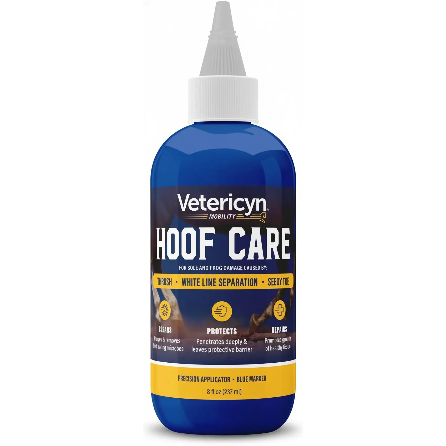 Vetericyn Mobility Hoof Care in an 8 oz blue bottle with a precision applicator tip. This equine hoof treatment targets thrush, white line separation, and seedy toe. The formula cleans microbes, penetrates deeply to protect, and repairs by promoting healthy tissue growth on the sole and frog. An essential addition to your horse grooming kit for maintaining strong, healthy hooves, featuring a blue marker for easy application.