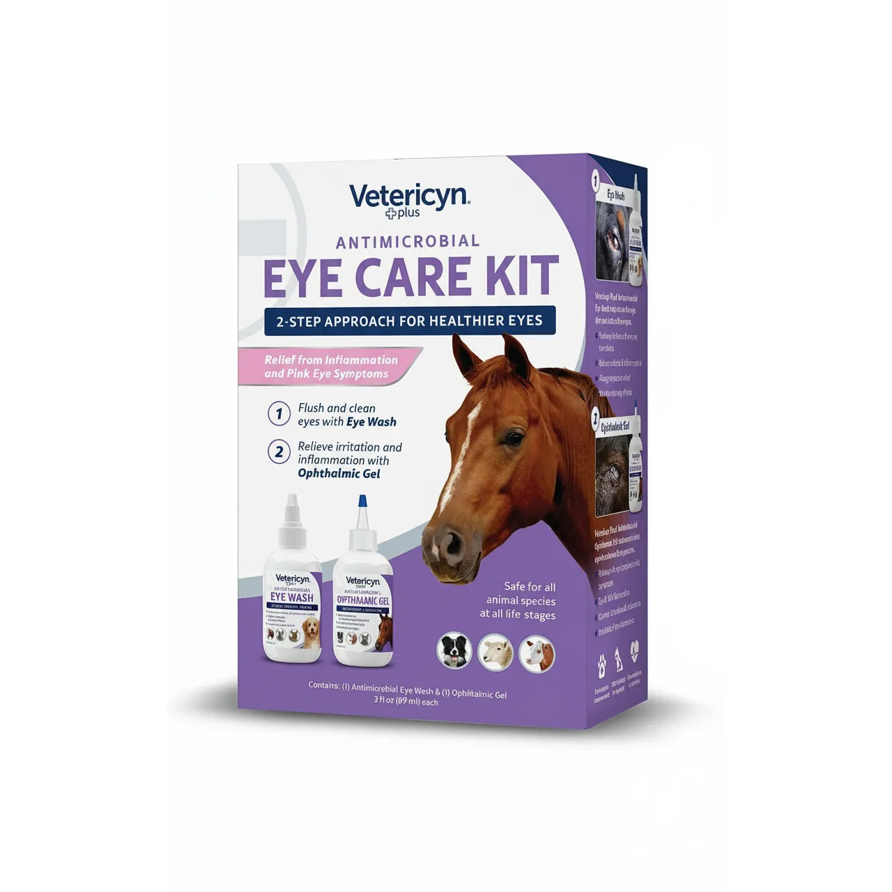 Vetericyn Plus Antimicrobial Eye Care Kit for all animals. This 2-step kit in purple and white packaging includes a 3 fl oz Eye Wash to flush and clean eyes and a 3 fl oz Ophthalmic Gel to relieve irritation, inflammation, and pink eye symptoms. Features a large horse image and icons for dogs, sheep, and cattle. Essential for daily pet eye health, tear stain removal, and veterinary-grade care for horses, dogs, and livestock at all life stages.