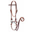 Weaver Leather Sunset Harness Leather Bridle Set featuring a 5/8" wide headstall with white stitching, loose ring snaffle bit, curb strap, and 7-foot roper reins. This complete western horse tack set is crafted from rich reddish-brown harness leather with durable silver buckles and latigo ties. Ideal for trail riding, training, or ranch work, this high-quality bridle offers a classic aesthetic and reliable performance for any equestrian's collection.