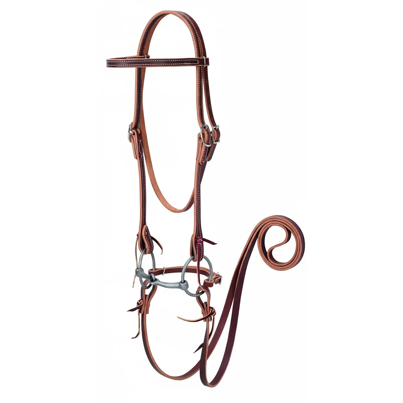 Weaver Leather Sunset Harness Leather Bridle Set featuring a 5/8" wide headstall with white stitching, loose ring snaffle bit, curb strap, and 7-foot roper reins. This complete western horse tack set is crafted from rich reddish-brown harness leather with durable silver buckles and latigo ties. Ideal for trail riding, training, or ranch work, this high-quality bridle offers a classic aesthetic and reliable performance for any equestrian's collection.