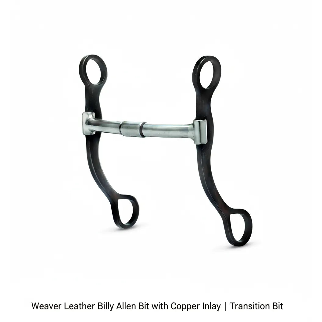 Weaver Leather Billy Allen transition bit featuring sleek black sweet iron shanks and a stainless steel mouthpiece with a rotating center roller. Includes copper inlays to promote salivation and a softer mouth. This western horse bit provides balanced leverage and clear communication, making it ideal for training and transition phases. A durable and stylish piece of horse tack for performance or trail riding.