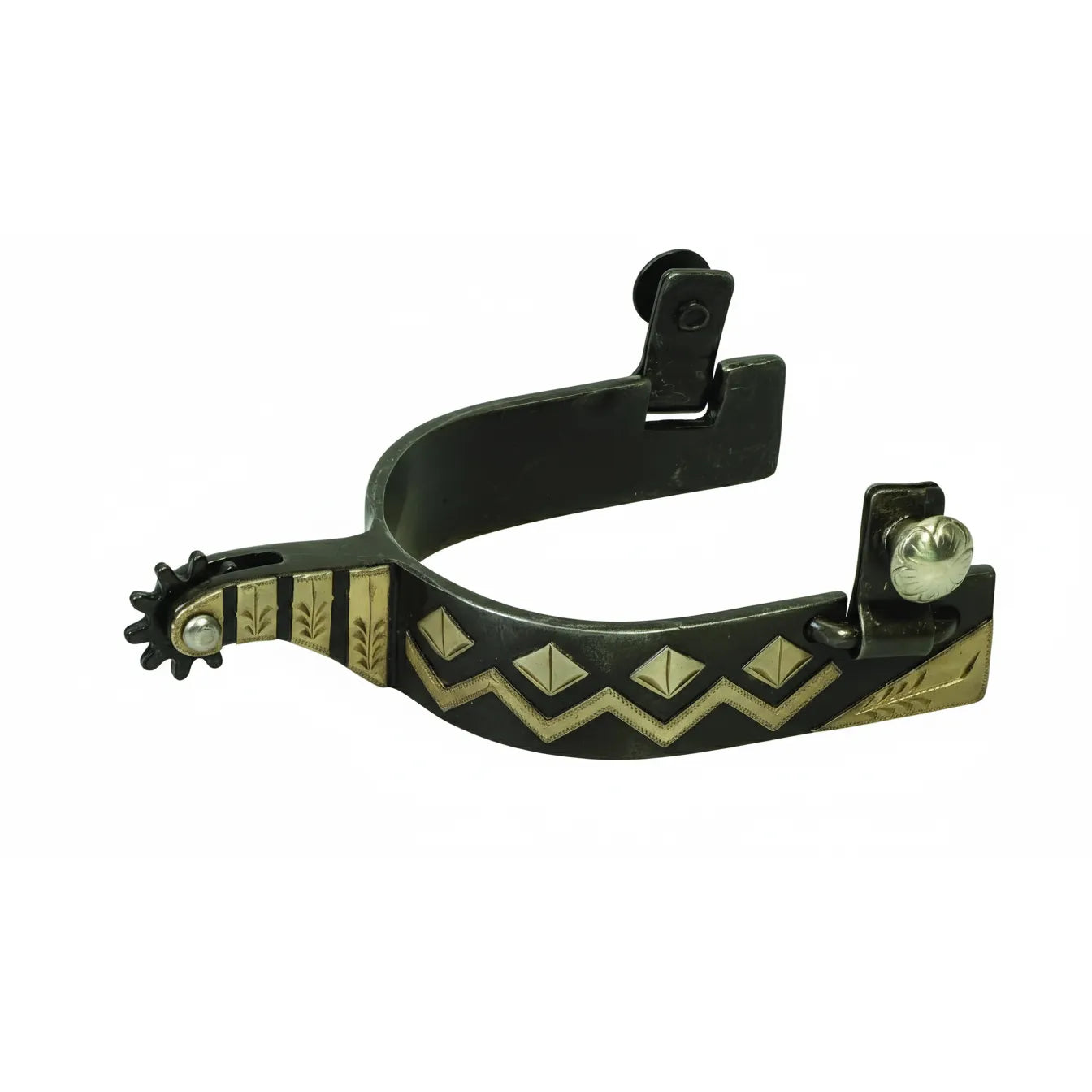 Weaver Leather Aztec 1" Band Spurs featuring ornate German silver trim on a blackened steel finish. These western spurs showcase an intricate geometric Aztec pattern, engraved shank, and a 10-point rowel. Designed with swinging buttons for easy strap attachment, this premium horse tack is perfect for trail riding or performance events. Stylish and durable equestrian gear for the modern cowboy or cowgirl.