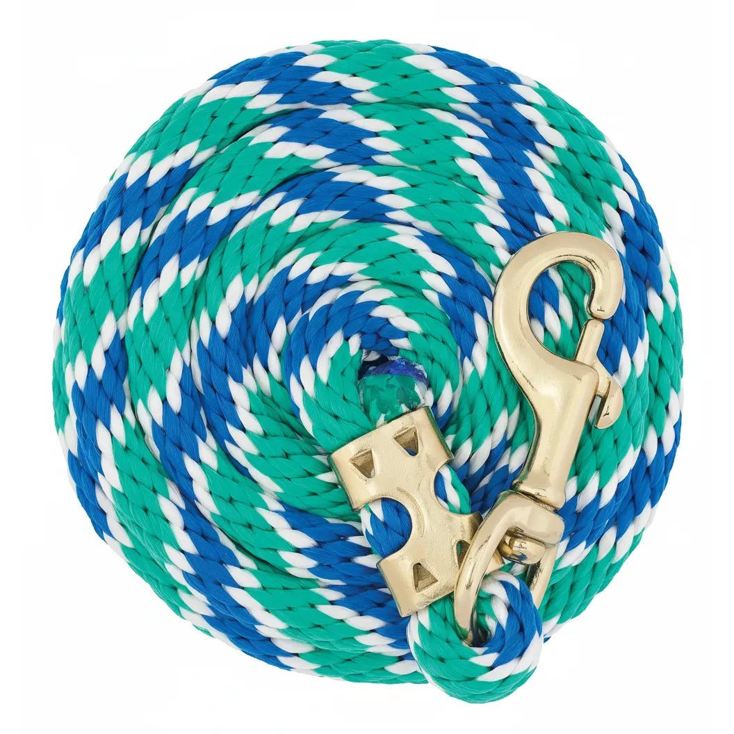 Weaver Leather Performance Lead Rope featuring a vibrant tricolor teal, blue, and white braided design. This soft-grip equestrian lead includes a durable gold brass quick snap for easy attachment. Neatly coiled and high-quality, this stylish horse tack is perfect for grooming and daily barn use, providing a comfortable and secure grip for horse owners.