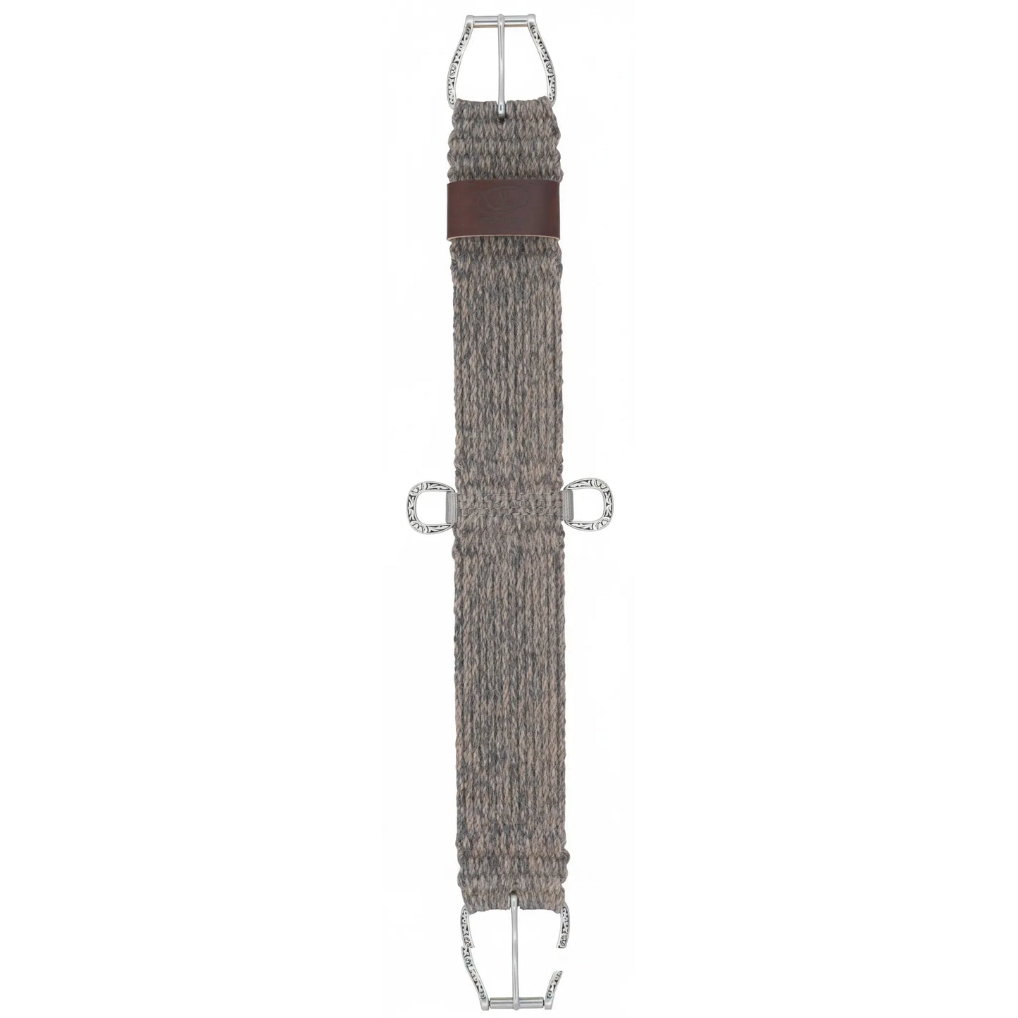 Handwoven Weaver Leather Alpaca Cinch in natural earth tones, crafted from 100% breathable alpaca fiber. Features stainless steel roller buckles with intricate floral engraving for smooth cinching and a secure fit. This high-quality horse girth includes a brown leather logo keeper and center D-rings, making it a perfect blend of style and comfort for western riding tack.