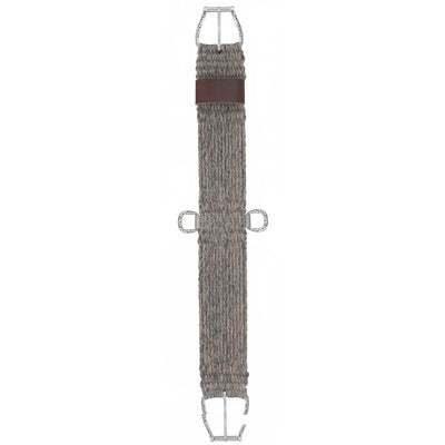 Handwoven Weaver Leather Alpaca Cinch in natural earth tones, crafted from 100% breathable alpaca fiber. Features stainless steel roller buckles with intricate floral engraving for smooth cinching and a secure fit. This high-quality horse girth includes a brown leather logo keeper and center D-rings, making it a perfect blend of style and comfort for western riding tack.