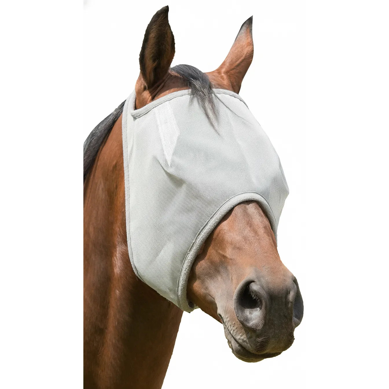 Weaver Leather Fly Mask with Replaceable Xtended Life Closure in light gray on a bay horse. This durable, breathable mesh horse fly mask protects eyes from pests and UV rays while allowing full visibility. Features a comfortable fleece-lined edge and an open-ear design for maximum comfort. High-quality equine protection against flies and insects, perfect for horse owners looking for reliable, long-lasting summer horse tack.
