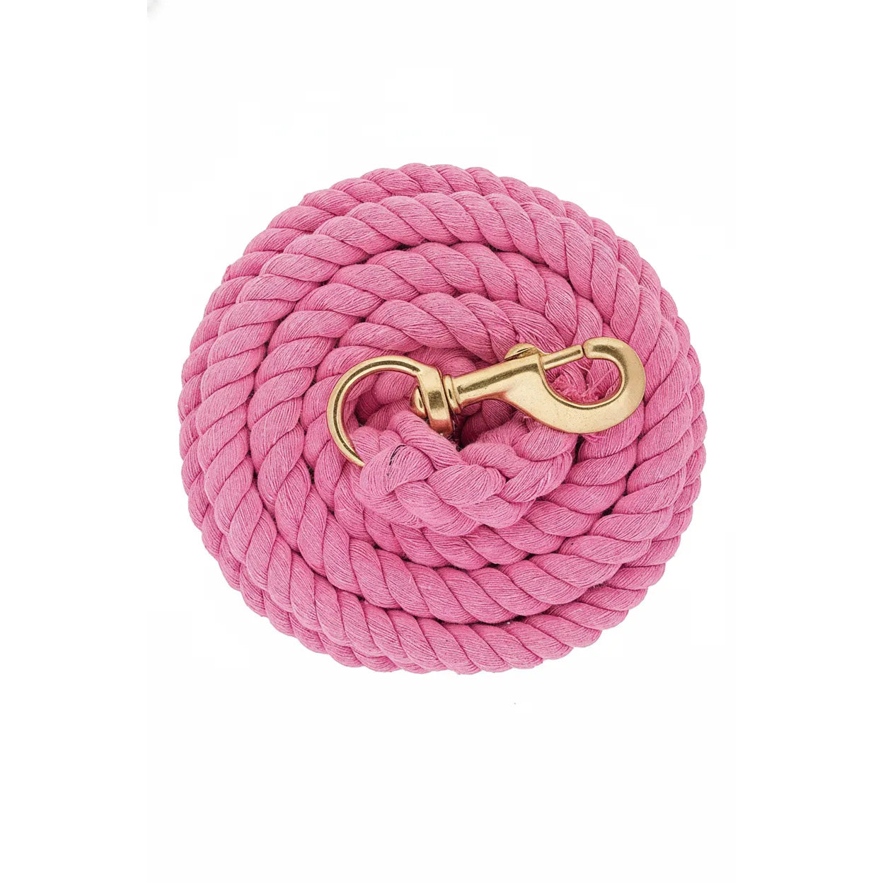 Weaver Leather Equine Performance Soft Grip Cotton Lead Rope in vibrant pink. This 5/8" x 10' horse lead rope features a thick, twisted cotton design for a comfortable feel and a durable solid brass snap bolt. Coiled neatly, it's an essential piece of equestrian tack for daily horse handling and training. Durable, soft, and stylish, this pink cotton lead is a must-have for any horse owner or stable.